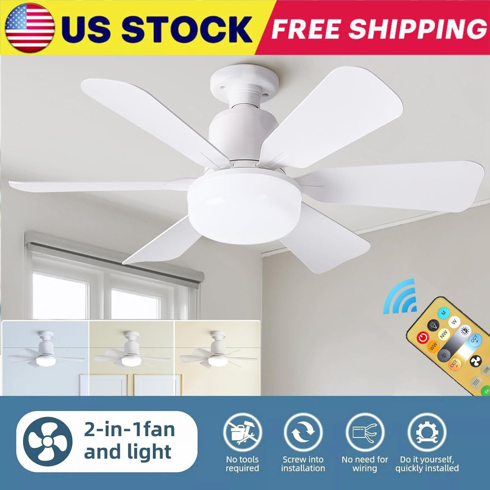 Ceiling Fan E27 Socket Fan 30W with Dimmable LED Light Remote Controller 3 Speed