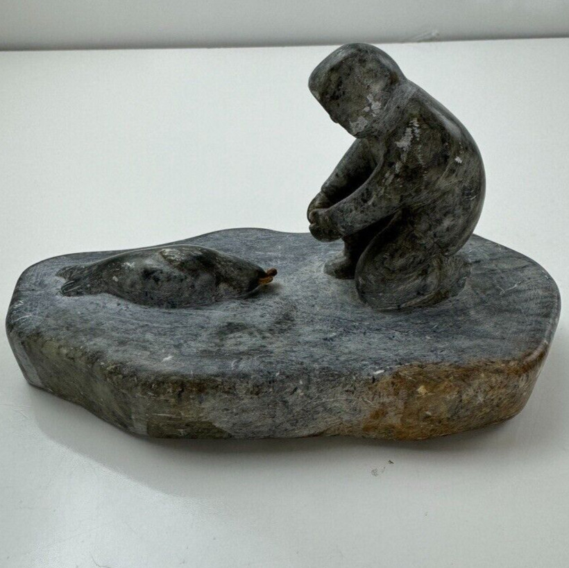 Alaskan Native Vtg Soapstone Tableau Seal & Hunter Contemporary Green Variegated