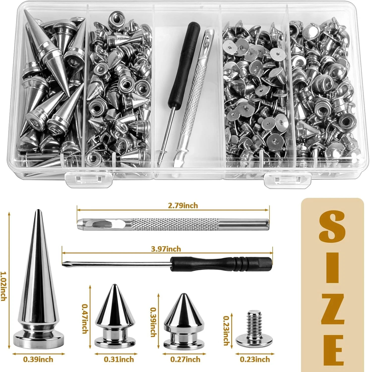 240 Pieces Multiple Sizes Silver Studs for Clothing, 3 Sizes Metal Studs and Spi