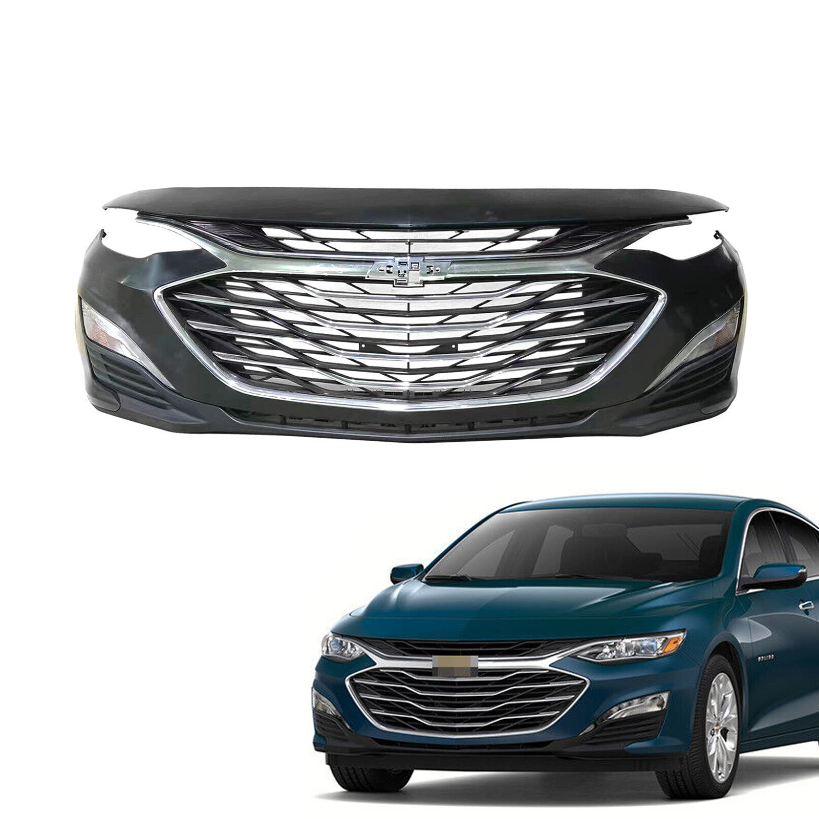 Front Bumper Cover Upper & Lower Grille Fog Lights Fits 2019-2024 Chevy Malibu