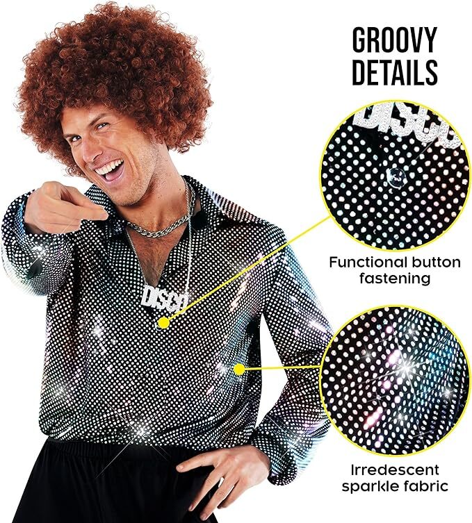 Men`s Disco Dude Costume Wig Sunglasses Adult 1970s Dance Outfit Flares S - 3XL