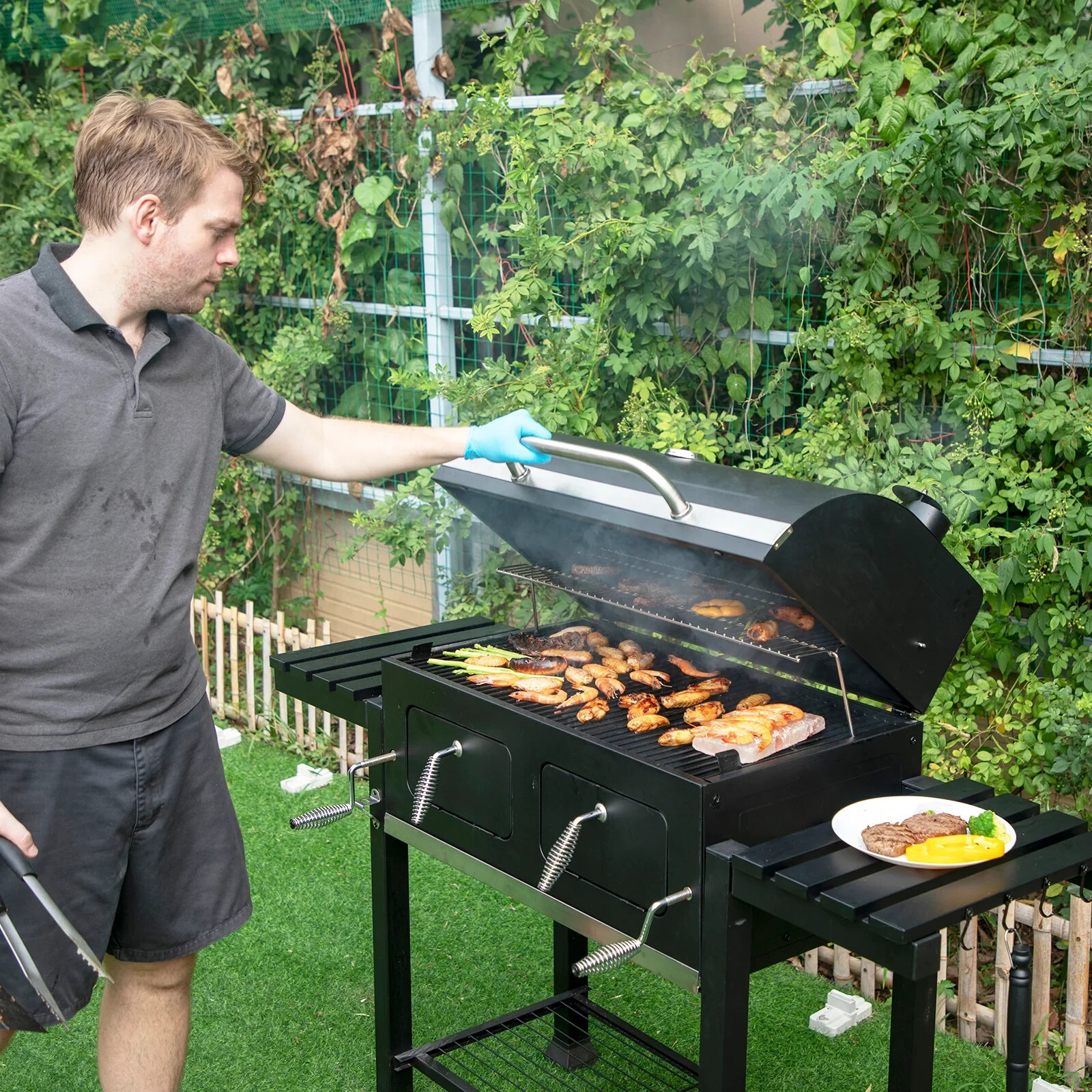 Heavy Duty Charcoal Grill Oversize Cooking Area Outdoor BBQ Grill with 2 Trays