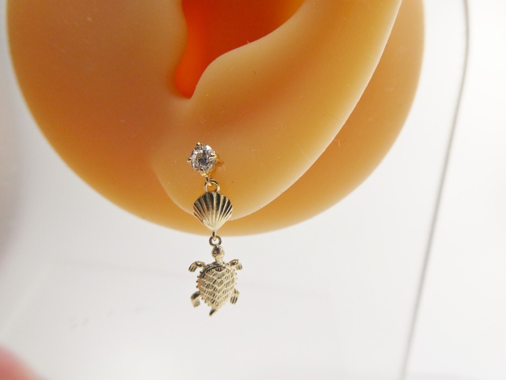 10K REAL SOLID YELLOW GOLD TURTLE DANGLING STYLE PUSH POST EARRINGS