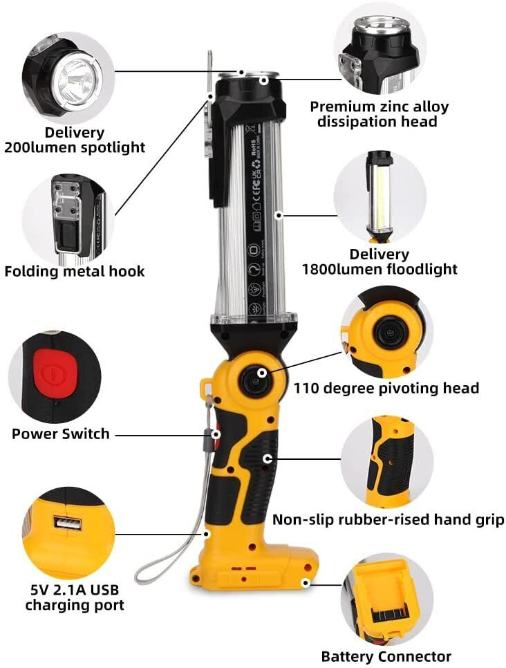 Cordless Led Work Light for Dewalt 20V Battery Portable Flood Light Flashlight