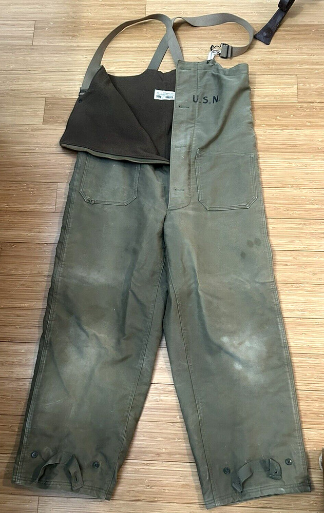 VTG US Navy Men's Fleece Lined Deck Bib Overalls Green Size Small 73734