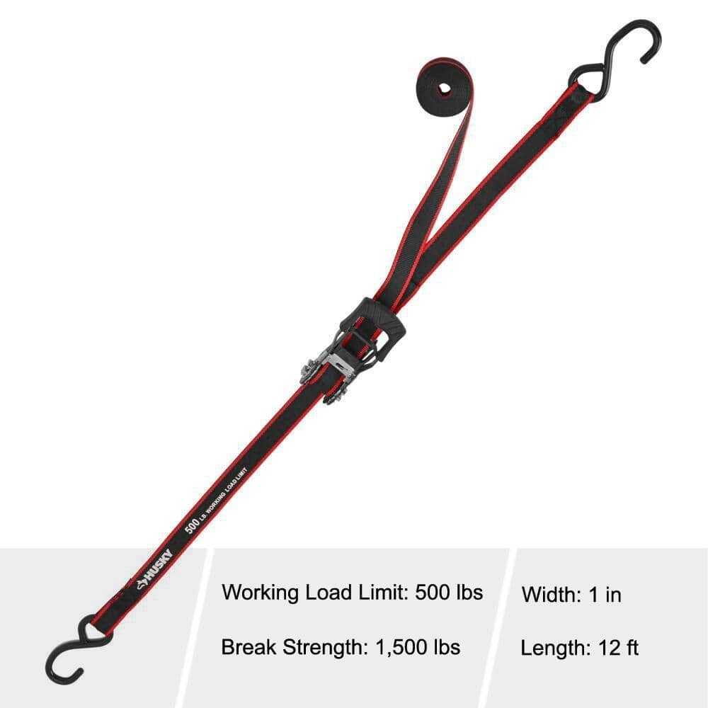 HUSKY RATCHET TIE-DOWN STRAPS 4-PACK 1 in. x 12 ft. Quick Release Hook 1500 lbs.