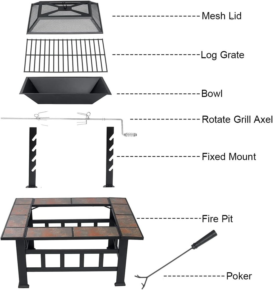 Multi-Purpose 37-Inch Square Fire Pit Table with Grill & Spark Screen Included