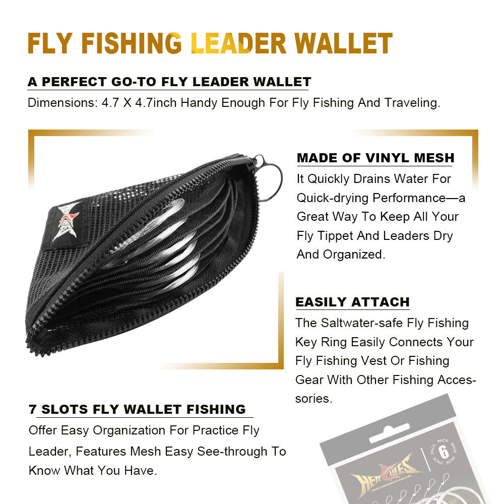 HERCULES Pre-Tied Loop Fly Fishing Leader Nylon 6 Pack W/ Tapered Leader Wallet