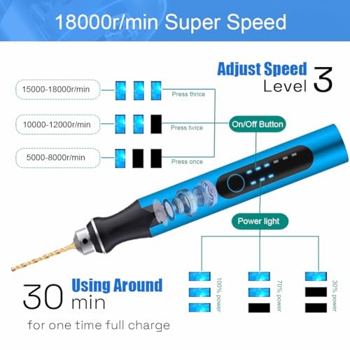 3-Speed Cordless Mini Drill Pen With 8 Small Drill Bits,Rechargeable Blue