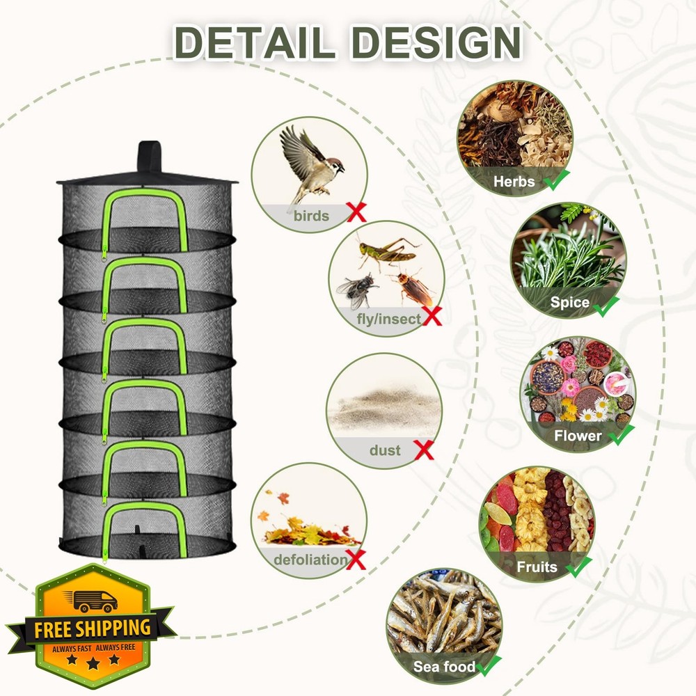 6 Tier Herb Drying Rack Mesh Net Foldable Plant Drying 23.62"