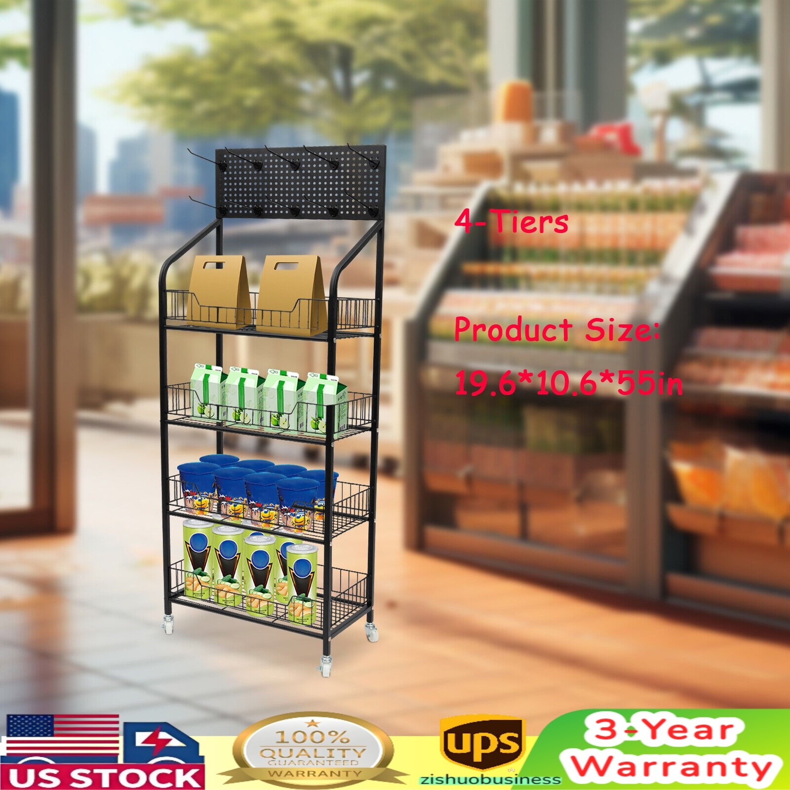 4 Tiers Retail Shop Display Rack Market Shelf Fruit Vegetable Snack Basket Black