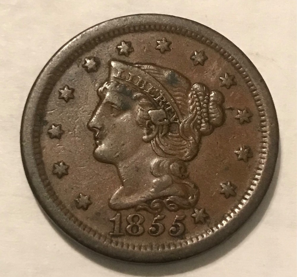 1855 Knob on ear large cent , brown XF
