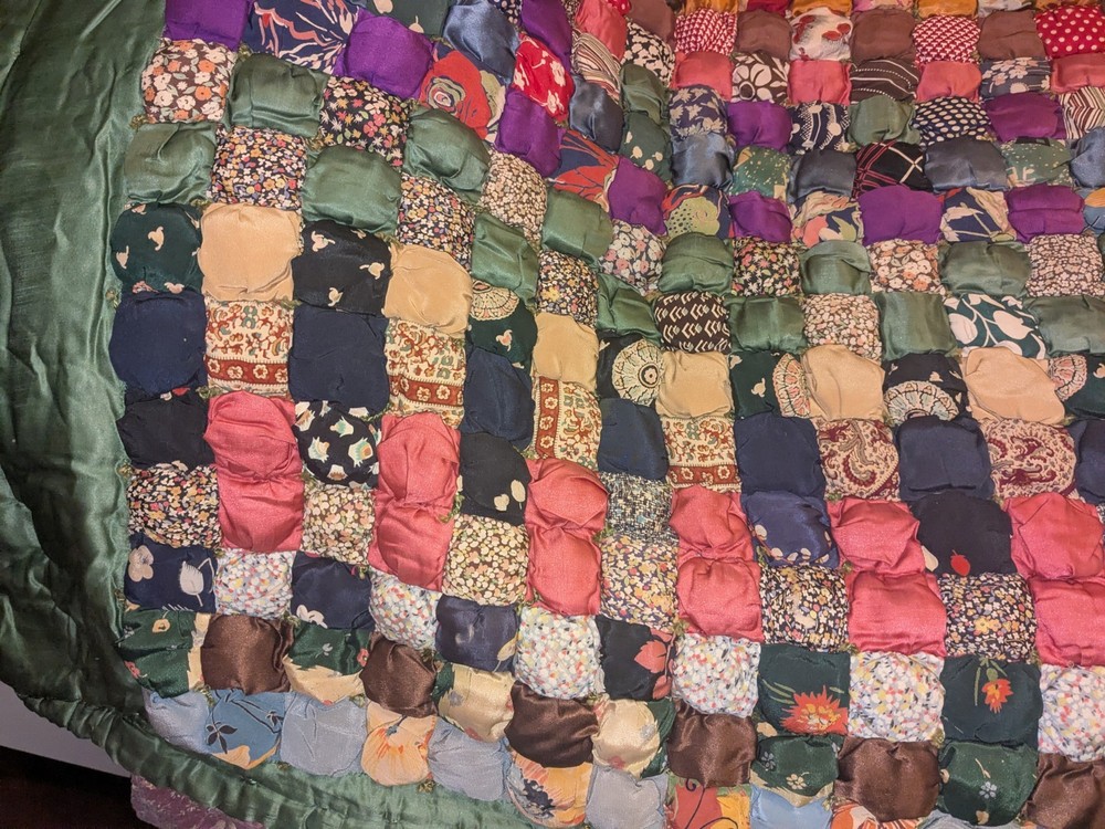 Unique Antique Puff Biscuit Patchwork Fabric Quilt ~ Green Back
