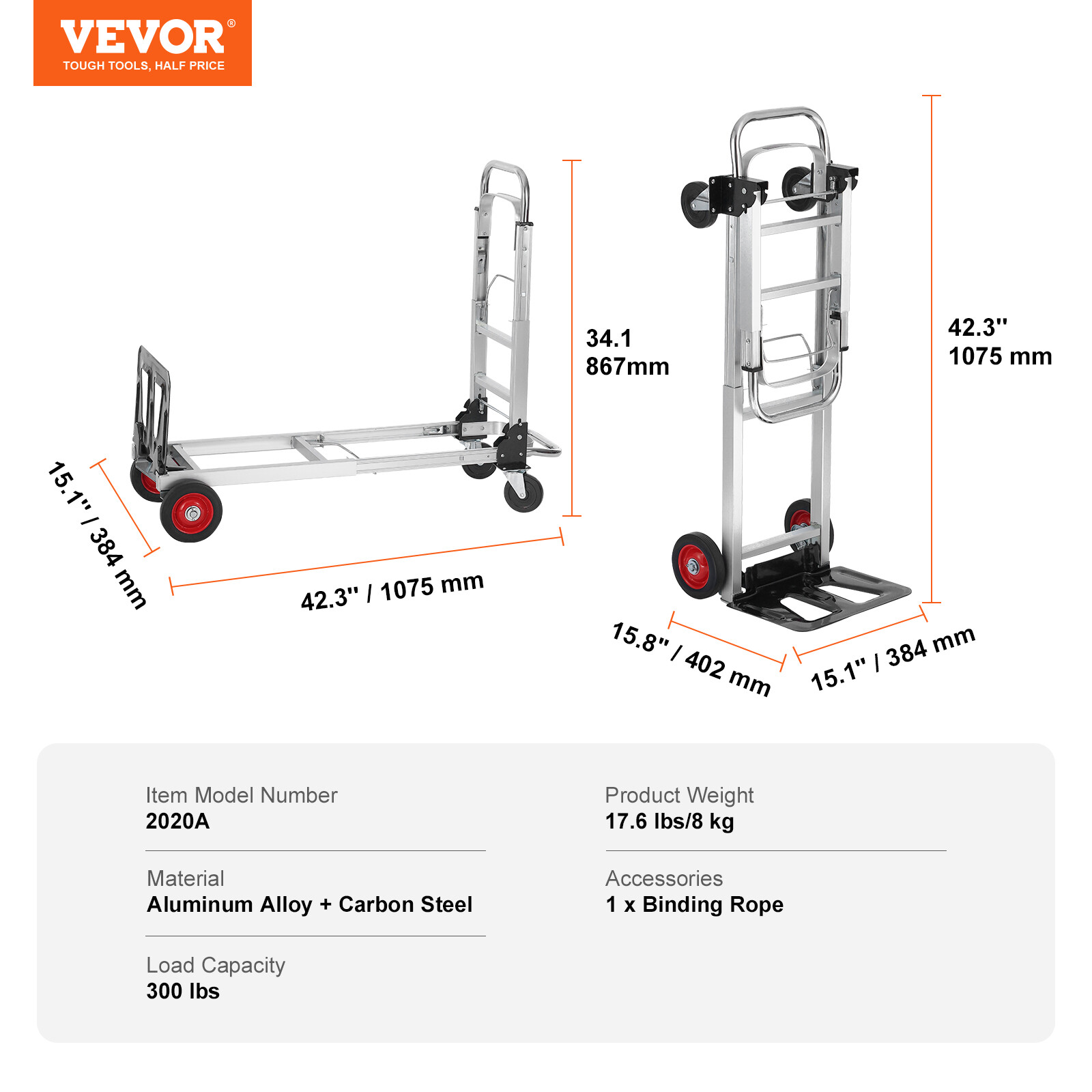 VEVOR Aluminum Hand Truck 2 in 1 Folding Dolly Cart 400 lbs Capacity Heavy Duty