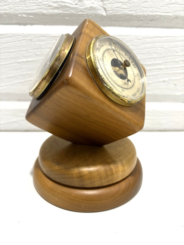 Vintage Rotating Myrtlewood Cube Clock With Barometer & Thermometer