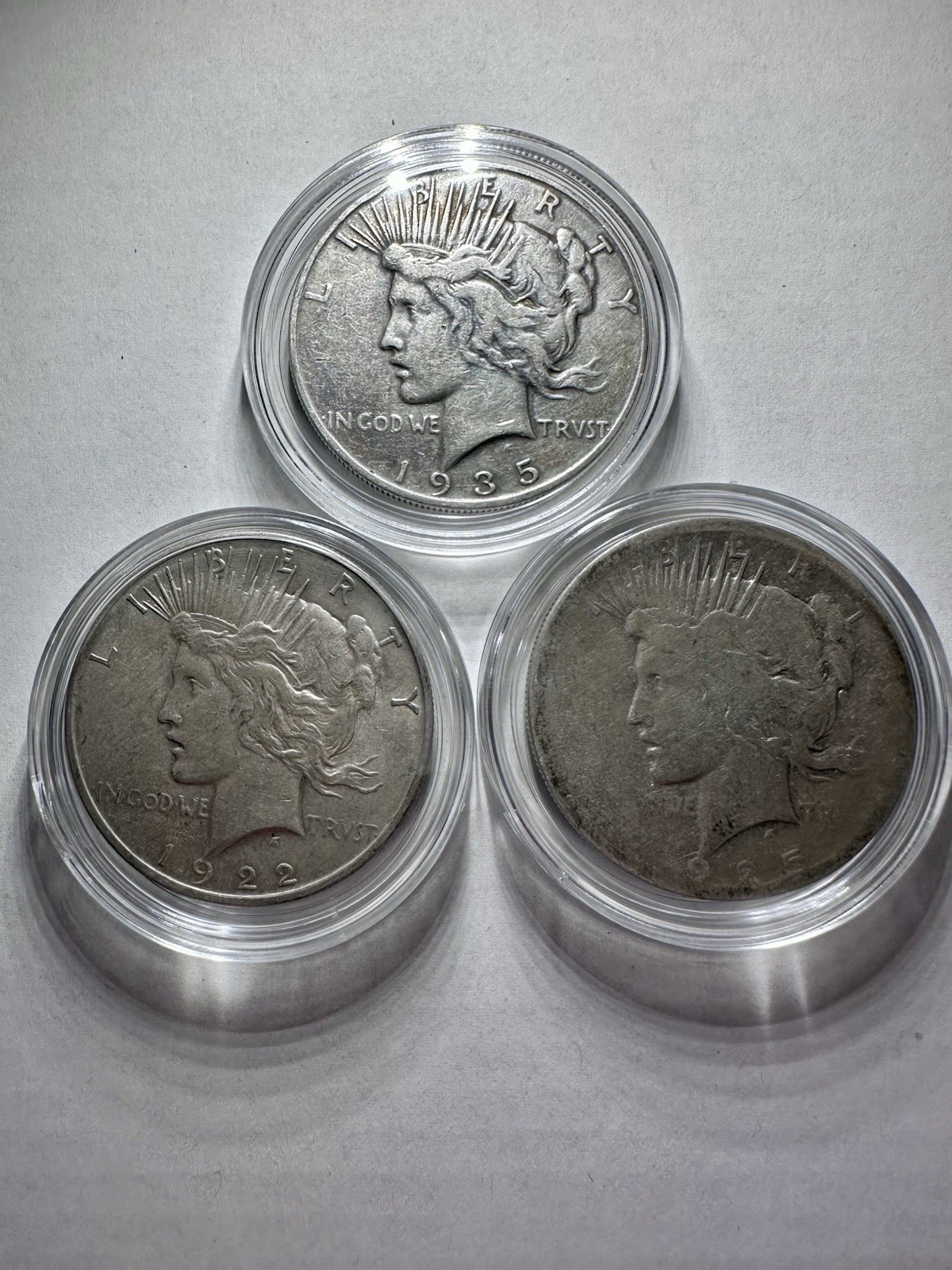 Set Of 3 1922 1925 1935-S Peace Silver Dollars
