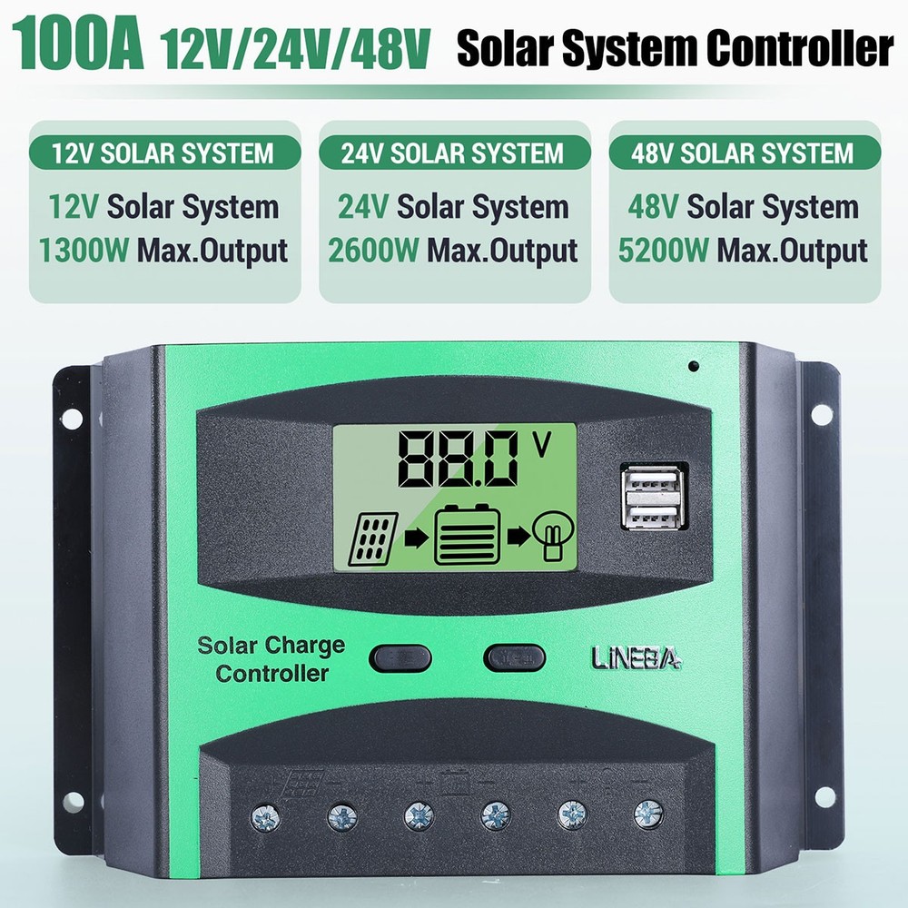 30A-100A Solar Panel Battery Charge Controller 12V/24V/48V Regulator LCD 2 USB
