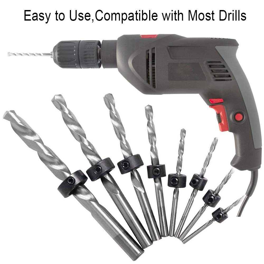 Depth Stop Drill Bit, 18 Piece Collar Set 8 Different Sizes, black