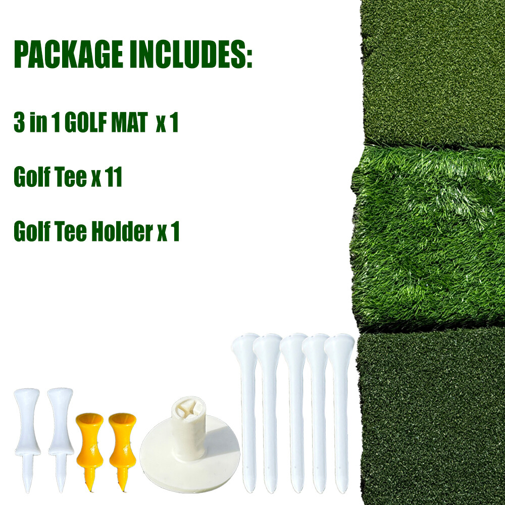 3-in-1 Golf Hitting Mat 24”x16” Tri-Turf Practice Turf Mat for Indoor & Outdoor
