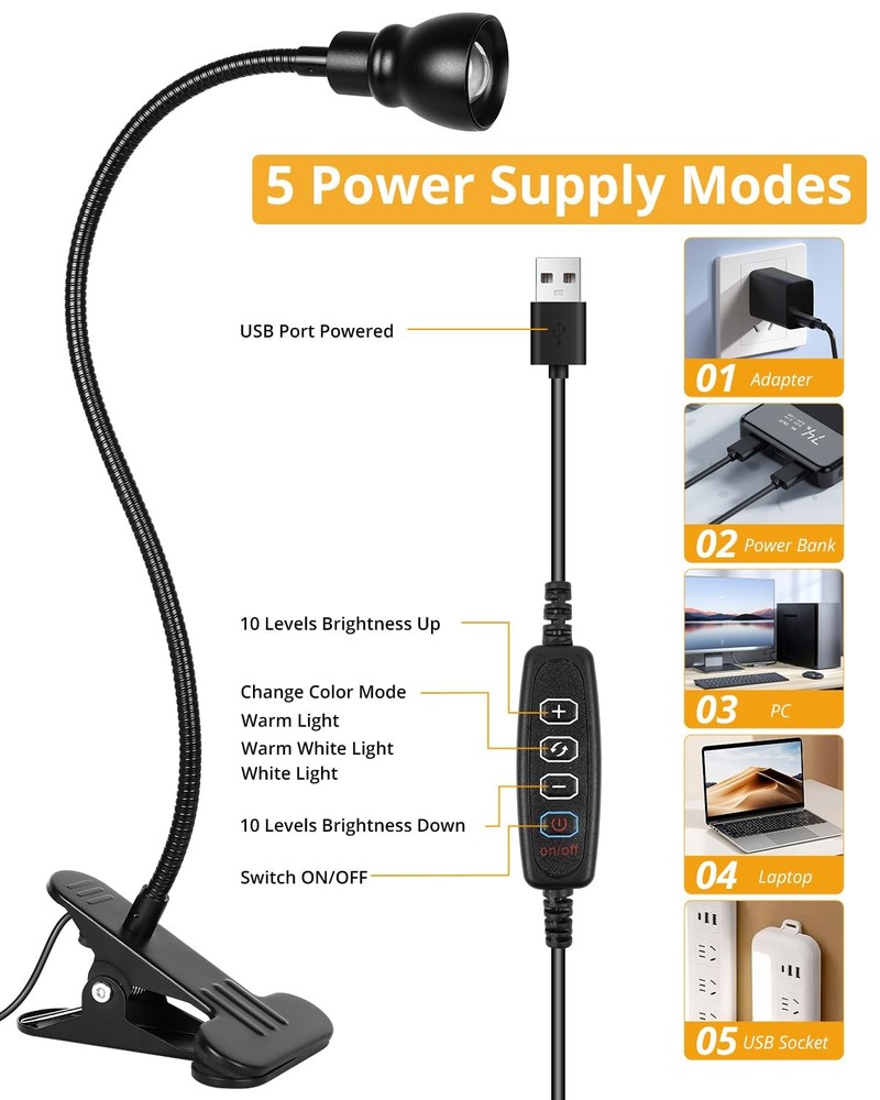 Zoomable Clip On Lamp Dimmable Spotlight for Dorm Bed Headboard Working