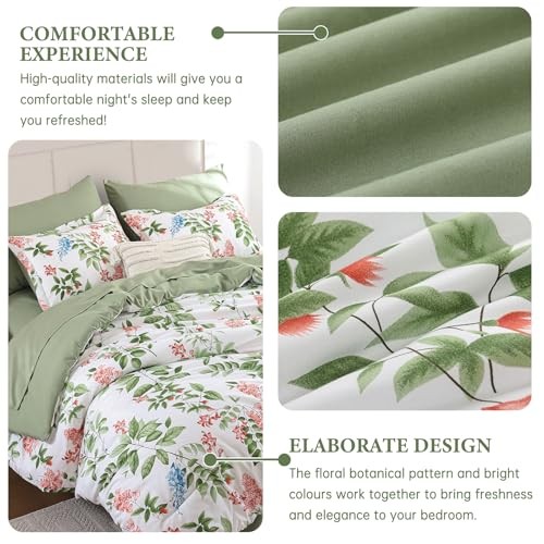 Comforter Set Size Floral 7-Piece Bedding Set,Botanical Comforter Queen Green
