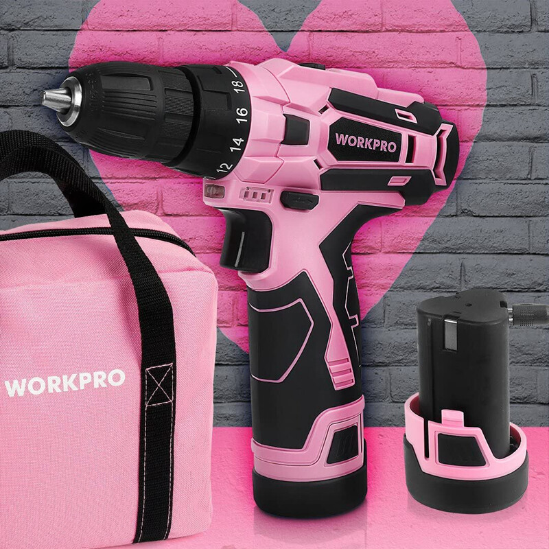 WORKPRO Pink Cordless Drill Driver Set, 12V Electric Screwdriver Driver Tool Kit