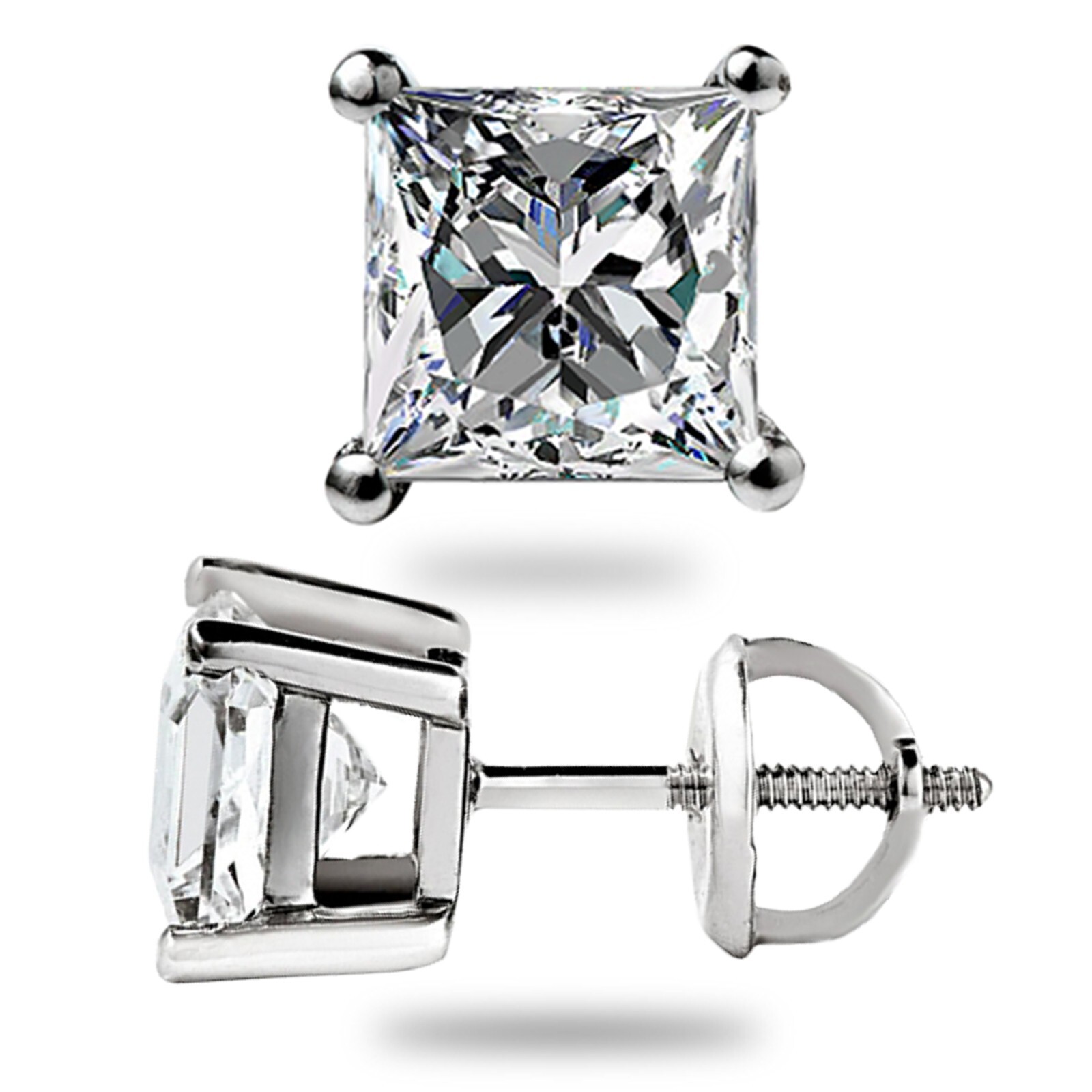 3 Ct Princess Cut GRA Moissanite Stud Earrings 14K Solid White Gold 6.5mm New