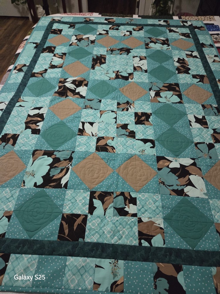 Handmade Teal And Brown Lap Quilt