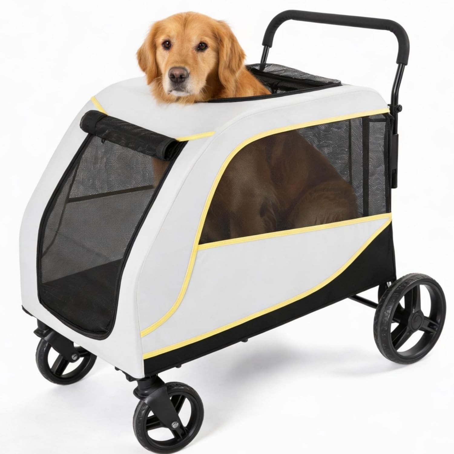 Large Pet Stroller 4 Wheels 130 Lbs, Foldable Dog Cat Cage with Foot Brake White