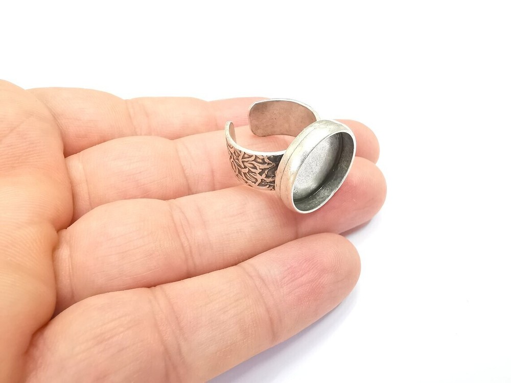Round Antique Silver Ring Blank Setting, Cabochon Mounting Adjustable Resin Ring