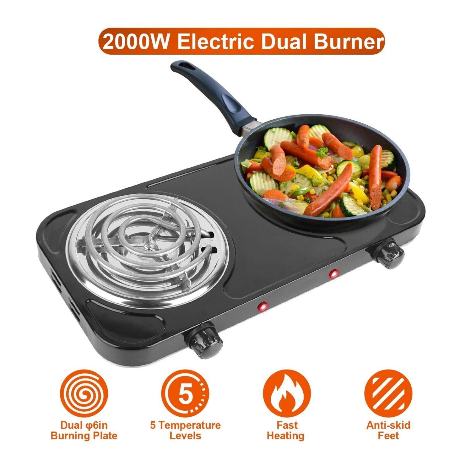 2000W Electric Camping Double Burner Hot Plate Portable Heating Cooking Stove US