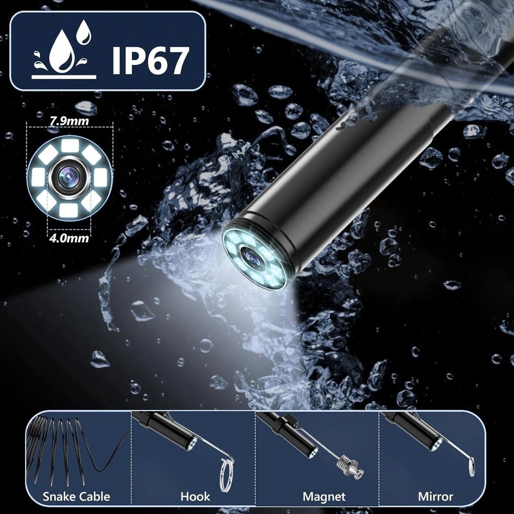 16.4ft Endoscope Camera with Light, 1920P HD Borescope Camera with 8 LED Lights
