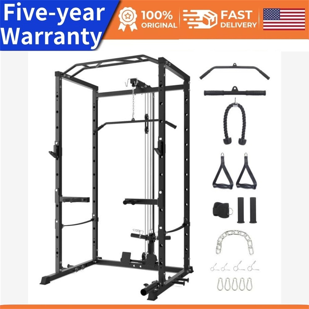 🔥☑️1600LBS Multi-Functional Power Rack W/Cable Pulley Power Cage with LAT Pulld