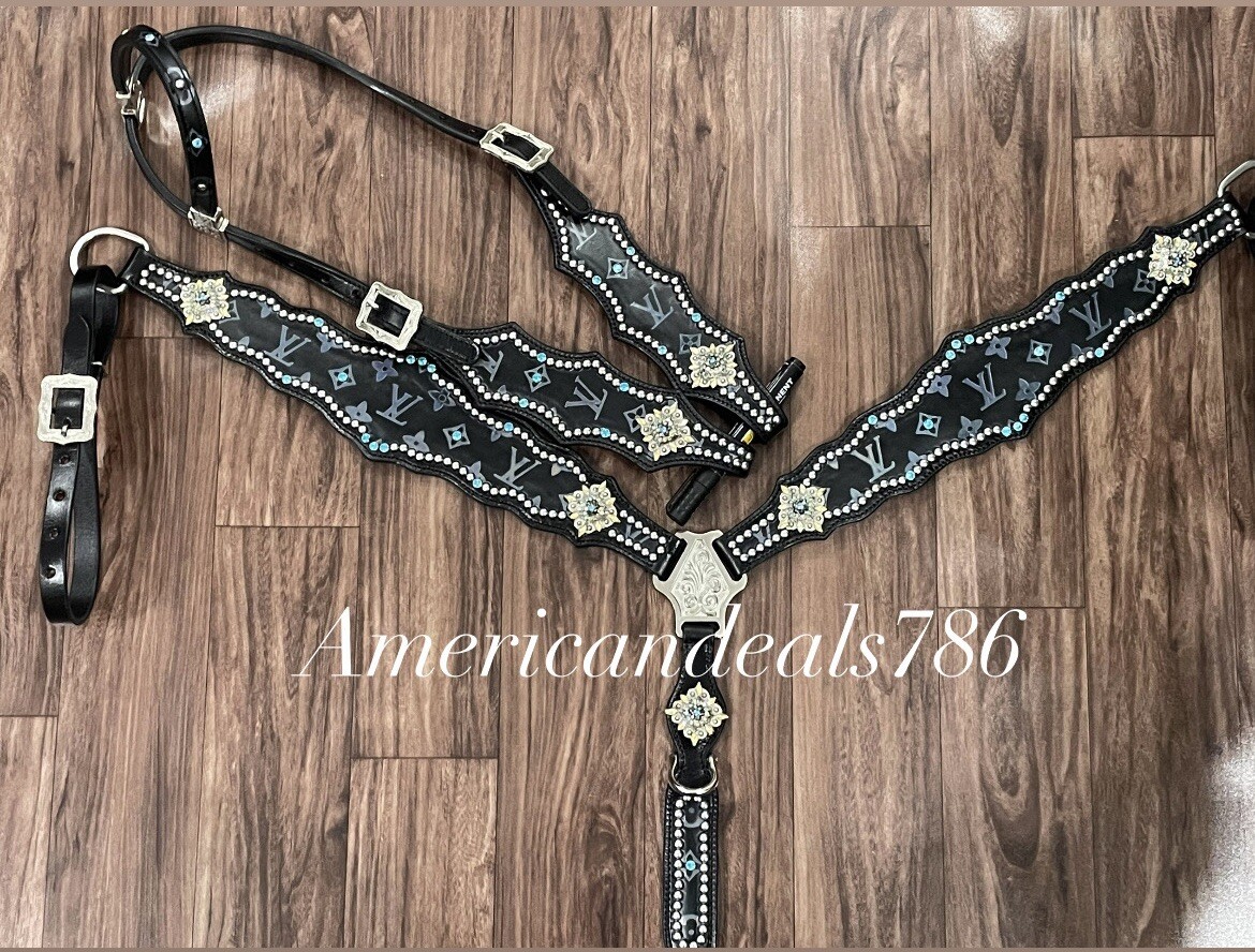 Western Black Leather Bling Tack Set With Black Reflective Leather And Studs