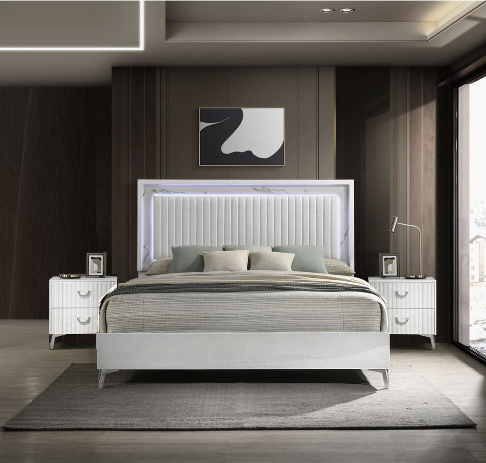Modern 3pc LED Light Upholstered Headboard King Bed Nightstands Set White