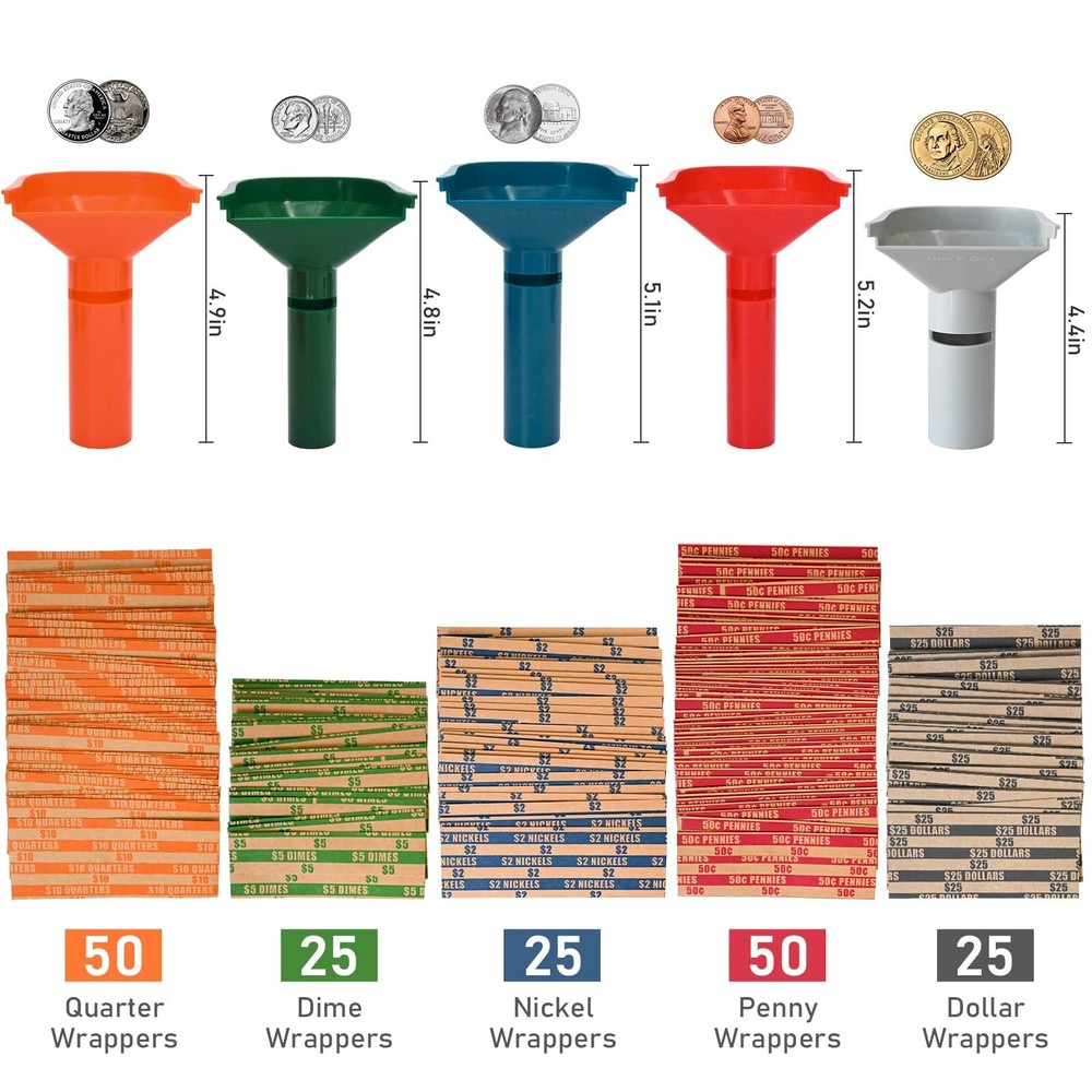 175 Assorted Flat Striped Coin Wrappers & 5 Coin Sorters Tubes Color-CodedEas...