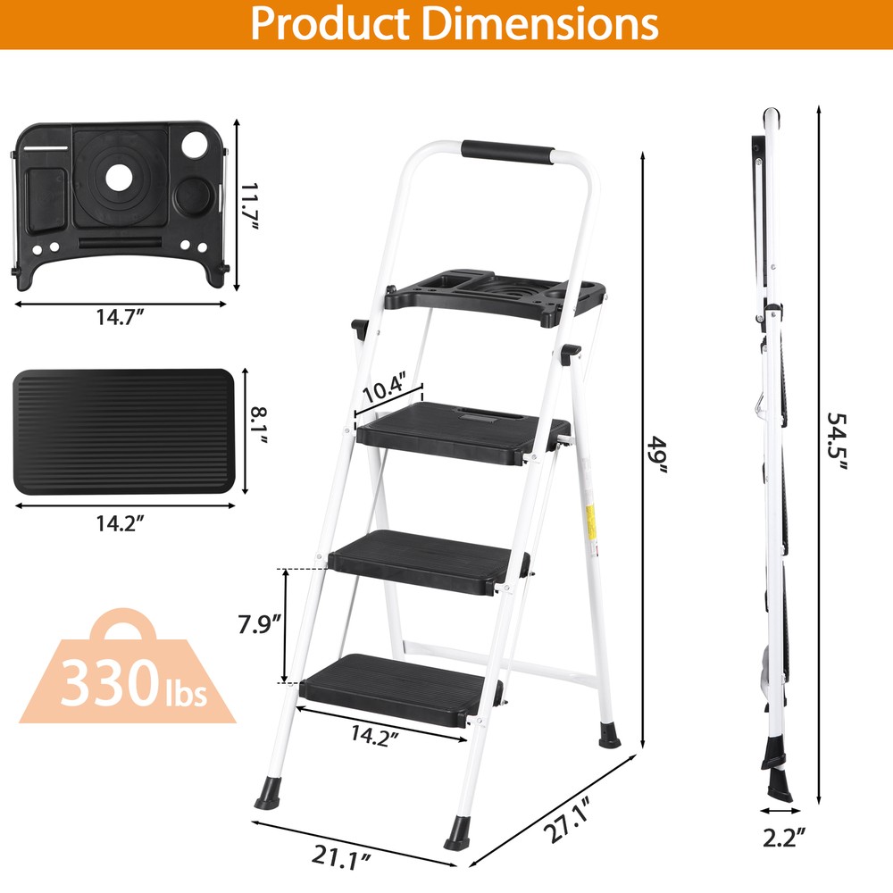 3 Step Ladder with Tool Platform Folding Step Stool with Anti-Slip Pedal White