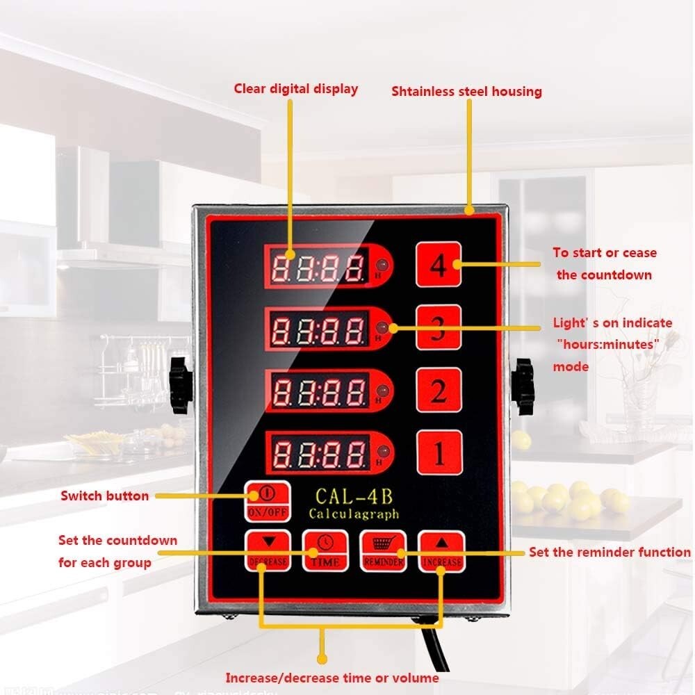 4 Channels Multi-Function Commercial Kitchen Digital Timer Alarm 110V Restaurant