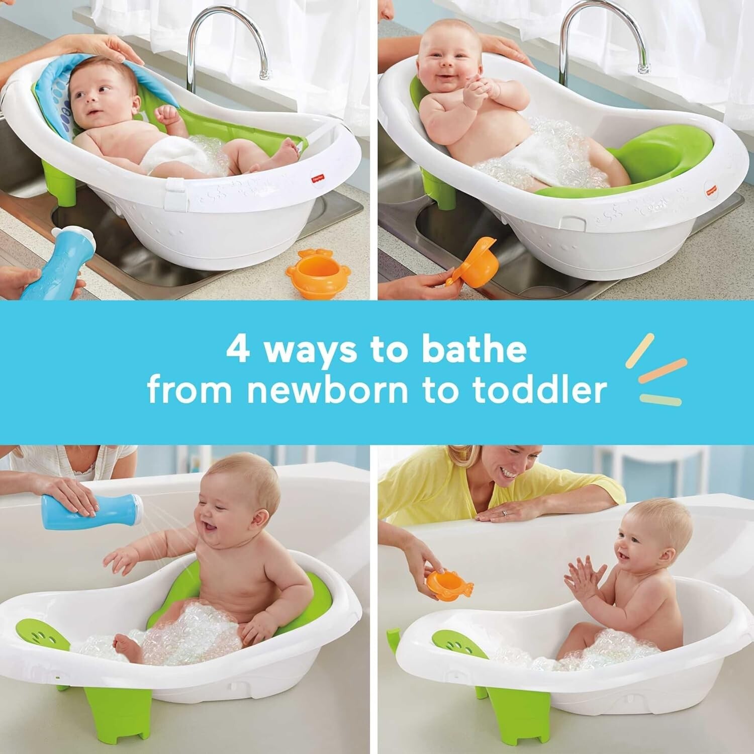 Fisher-Price Baby to Toddler Bath 4-in-1 Slingn Seat Tub 2 Toys Green
