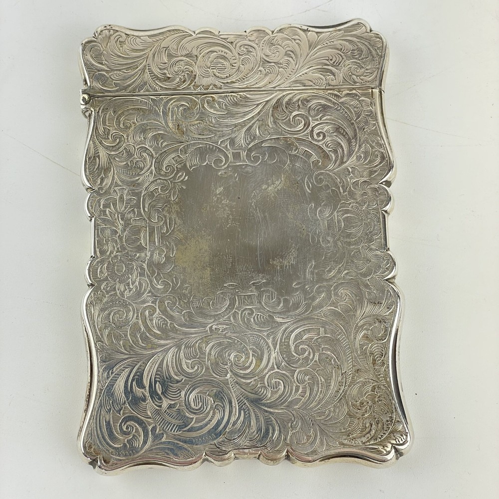 Antique Solid Silver Card Case Engraved Design Aston & Son 1857 10cm