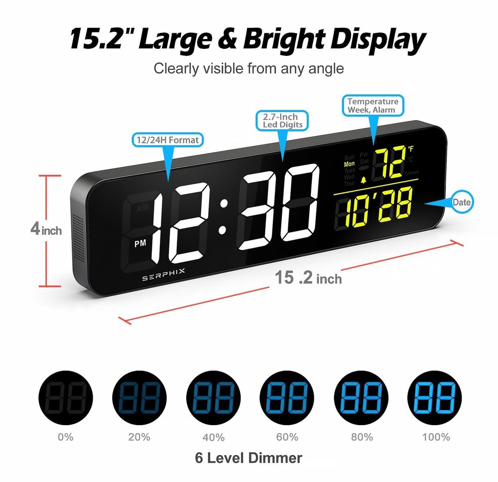 15.2" Gym Timer, App & Remote Control, Customizable LED Colors, Temperature, ...