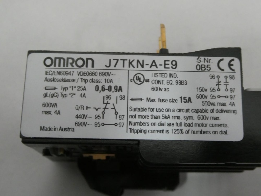 Omron J7TKN-A-E9 Overload Relay 0.6-0.9a Amp