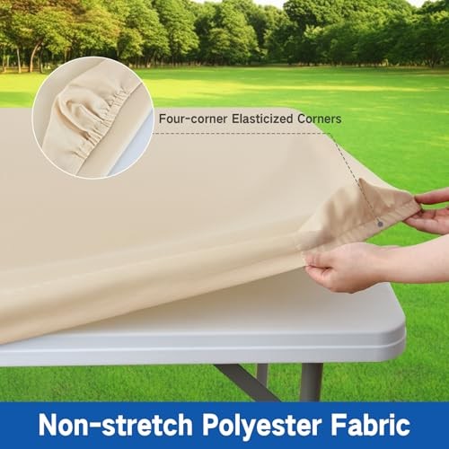 Square Elastic Fitted Tablecloth, Windproof Polyester 34" x 34" (Square) Beige