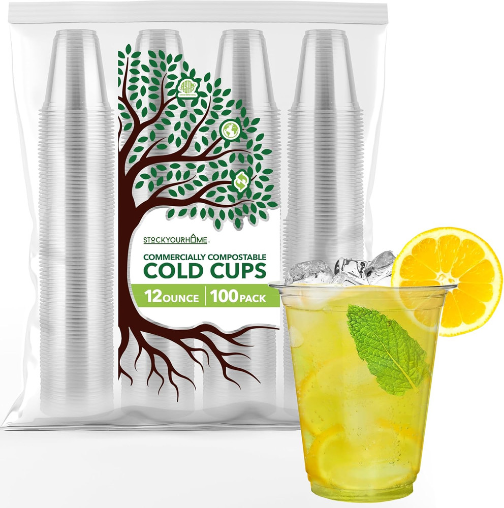 12 Oz Clear Commercially Compostable Cold Cups (100 Pack), Eco Party Cup, Enviro