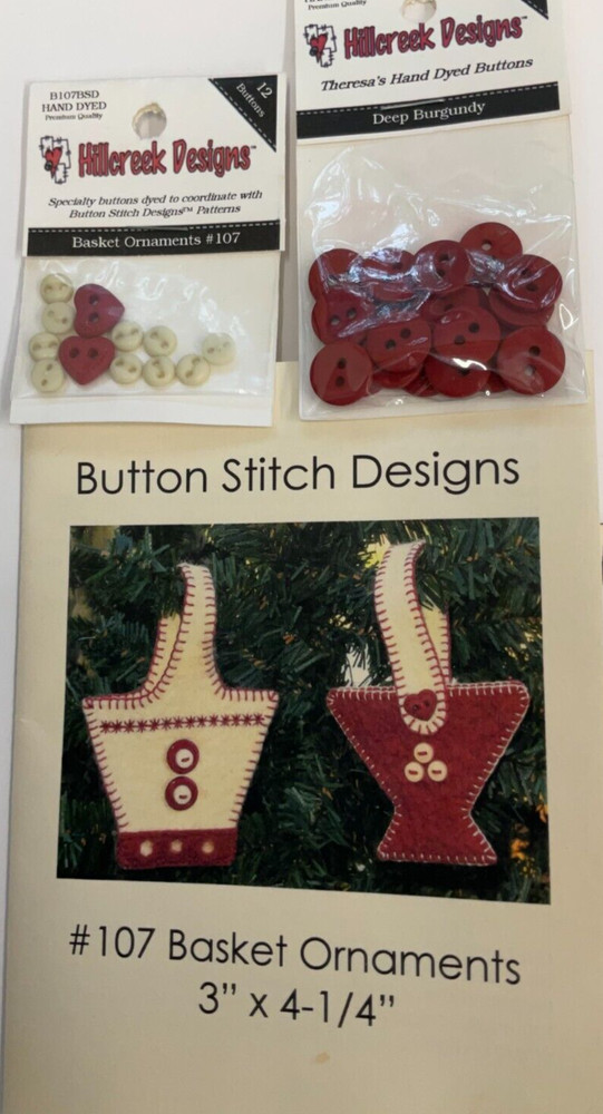 BUTTON STITCH DESIGNS #107 BASKET ORNAMENTS WOOL FELT W/BUTTONS (OPENED)
