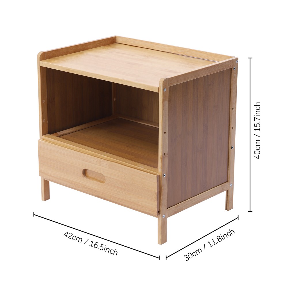Bedside Nightstand End Table+Drawer— Bedroom Storage Organizer Side Table Bamboo