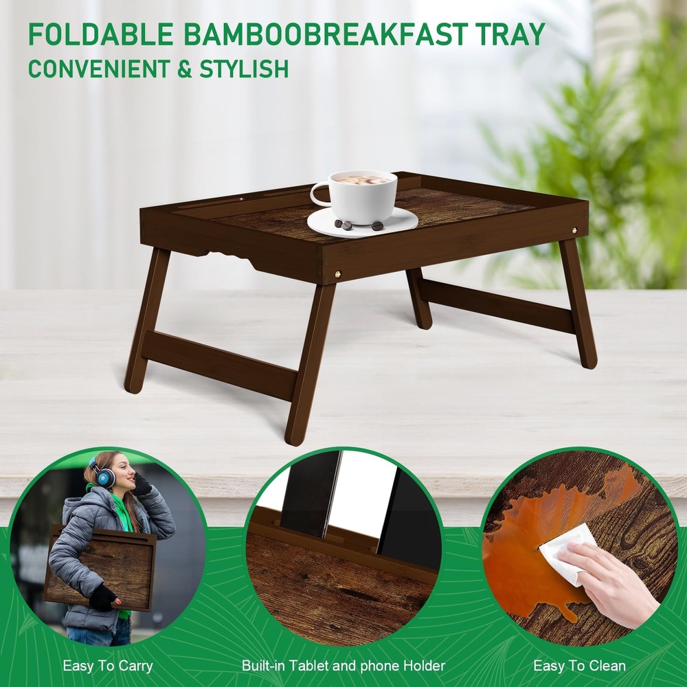 Bamboo Breakfast Tray with Foldable Legs & Detachable Stand | Ergonomic Handl...