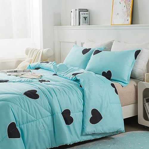 Comforter Set Size - Light Cute Heart Print Comforter Bedding Set, Twin Blue