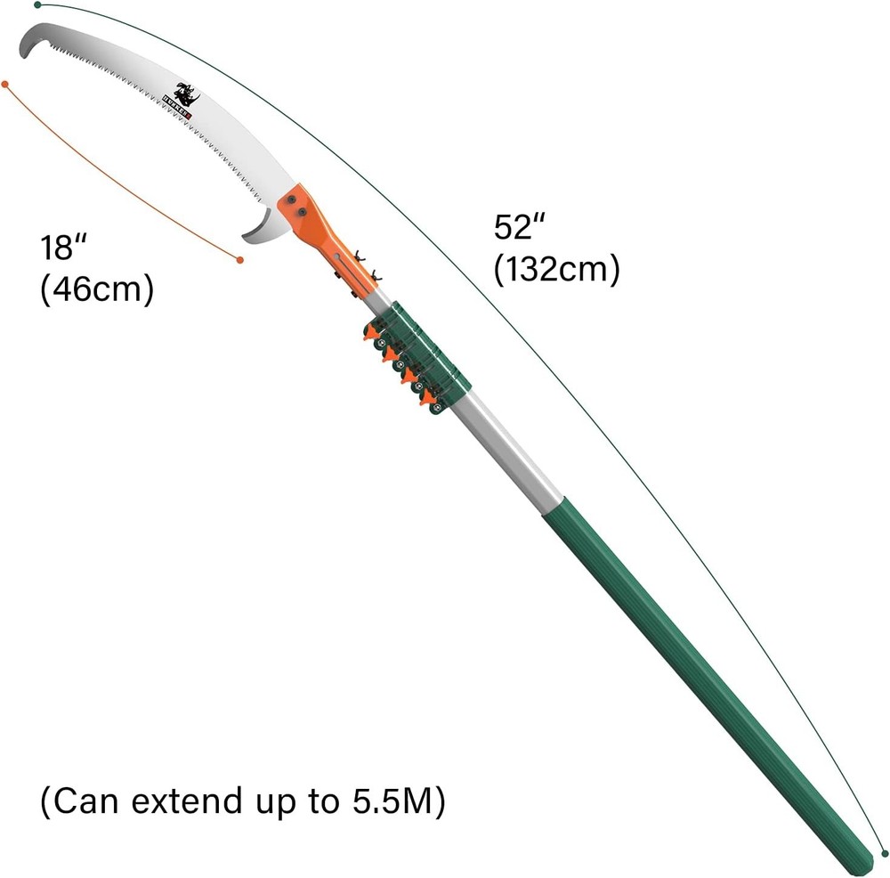 Tree Pruner Pole Saw Manual Extendable Long 5.5m, Green