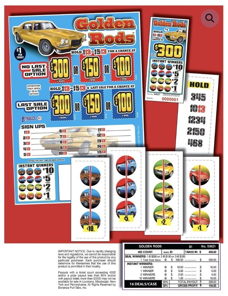 Pull Tab Ticket - Hard Card - Game - Golden Rods - 483 ct